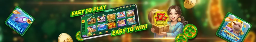 PAK234 promotional banner with game lobby preview and character holding treasure