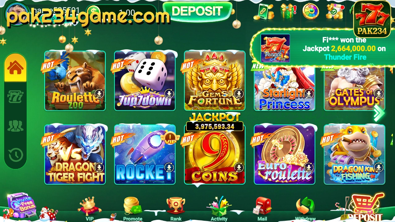 pak234game's game lobby,display parts of the games(Roulette Zoo, 7Up 7Down, Gems Fortune, Starlight Pricess, Gates of Olympus, Dragon Tiger Fight, Rocekt, 9 Coins, Euro Roulette, Dragon King Fishing)