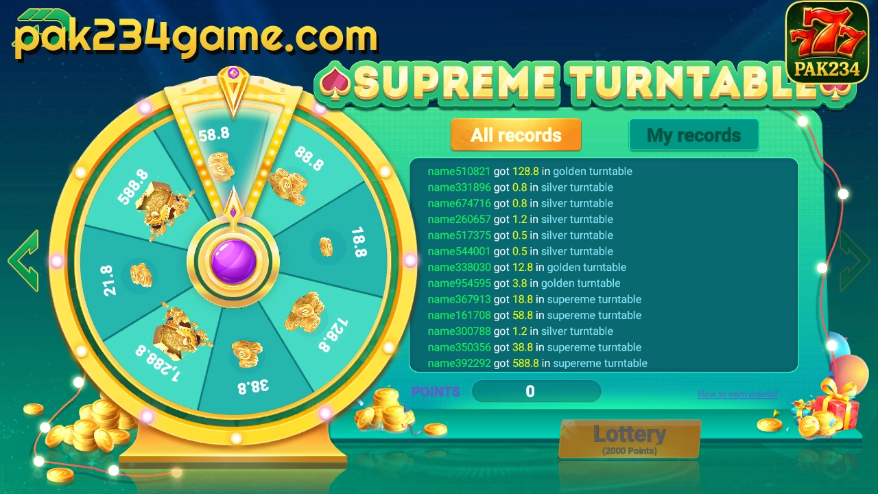 pak234 game's Turntable Lottery interface include amounts(18.8~1288.8).