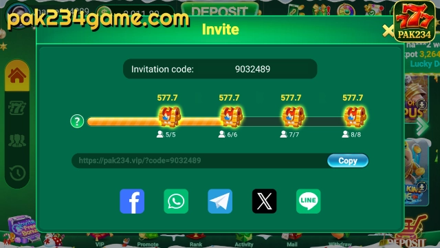 PAK234 Game "Invite Free Bonus" interface - Displays Bonus Stages and Amounts