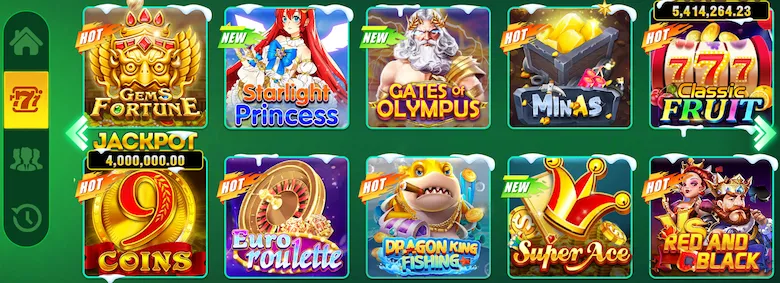 Pak234 slots game selection including Gems Fortune, Starlight Princess, Gates of Olympus, Minas, Classic Fruit and Super Ace