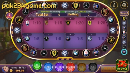 Car Roulette game screen inside the PAK234 app