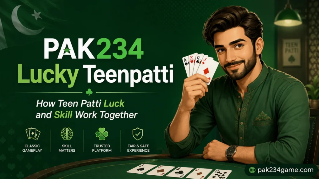 PAK234 Lucky Teenpatti game guide cover with Pakistani cartoon male character holding playing cards on a green background
