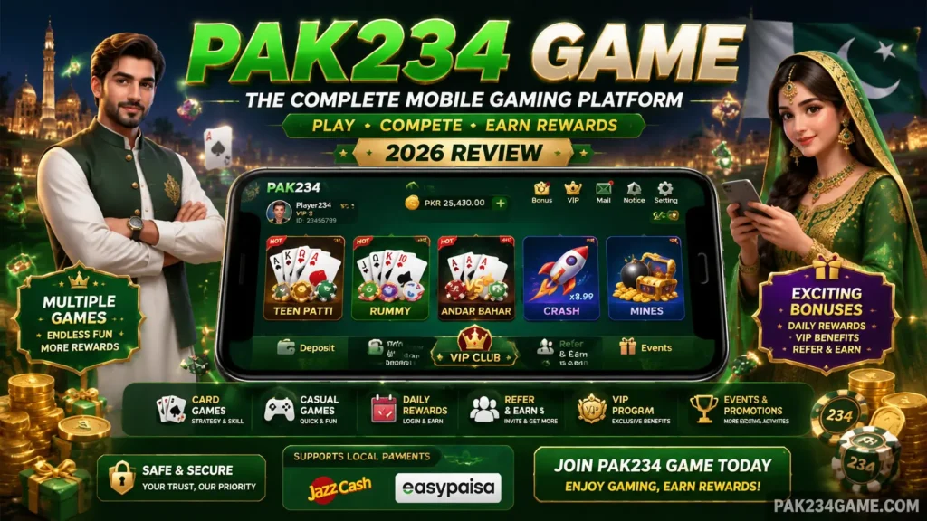 PAK234 Game review 2026 showing mobile gaming platform features, game categories, rewards, and Pakistan payment support