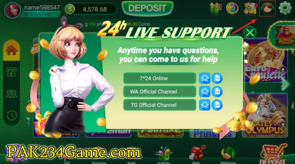 PK67 Game interface showing 24/7 live support, game lobby and customer service features