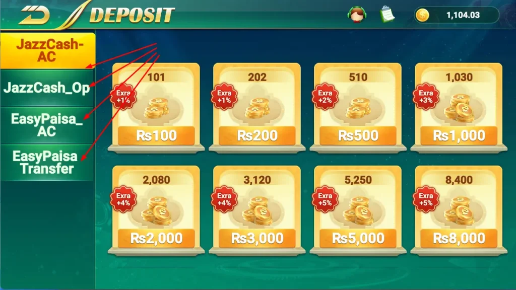 pak234 deposit interface - show 3 JazzCash and 1 EasyPaisa deposit method