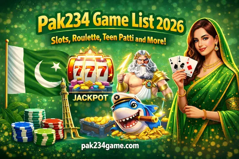 Pak234 Game List 2026 cover showing slots, roulette and Teen Patti themed artwork
