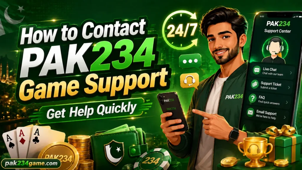 PAK234 Game support guide showing 24/7 customer service, live chat and account assistance features